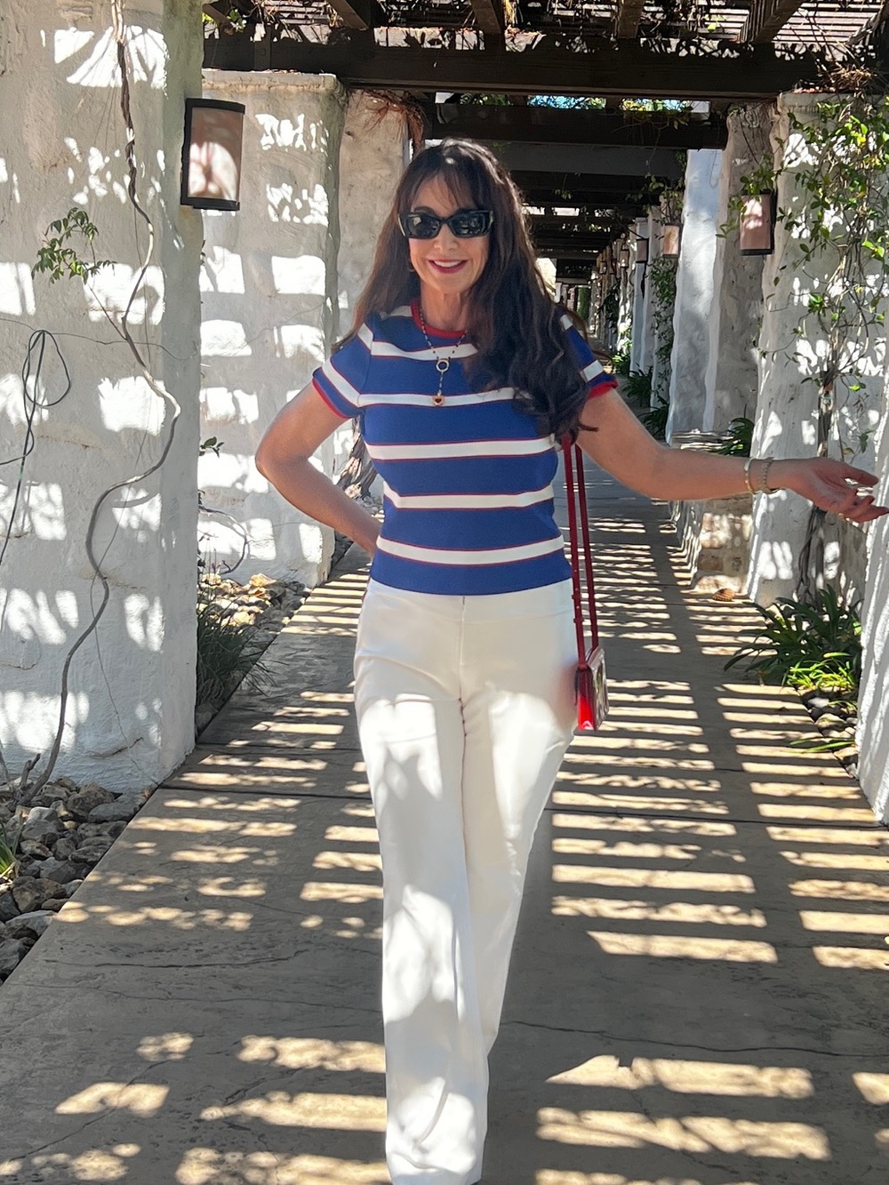 Alice + Olivia Navy, White & Red Striped Crop Top